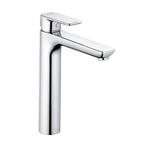 Waschtischarmatur in Chrom-Finish von Kludi. Schlanker, gerader Auslauf und flache Bedienhebel oben für einfache Handhabung.